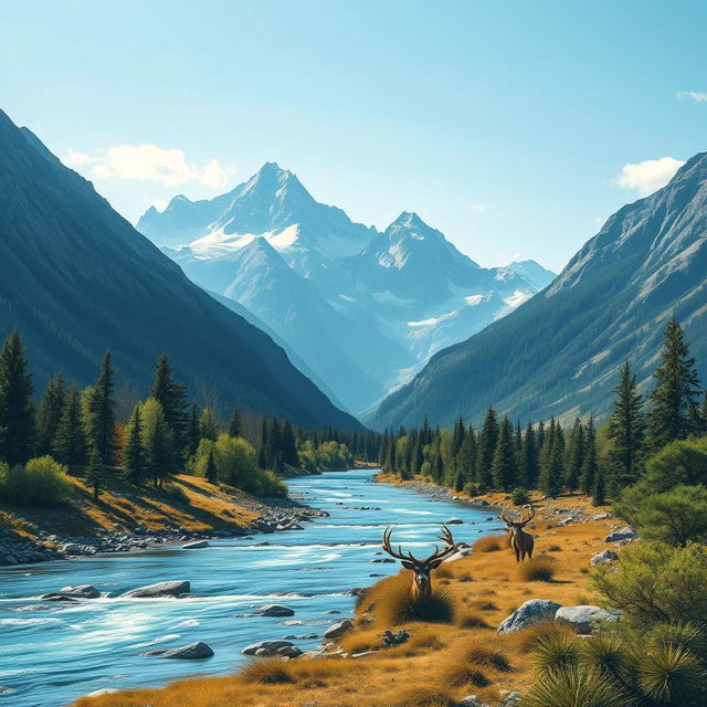 Create an image of a serene landscape with mountains, a flowing river, and a clear blue sky