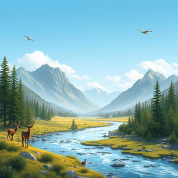 Create an image of a serene landscape with mountains, a flowing river, and a clear blue sky