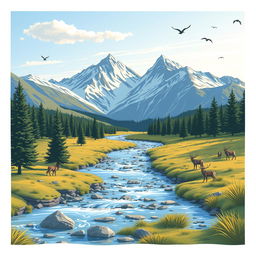 Create an image of a serene landscape with mountains, a flowing river, and a clear blue sky