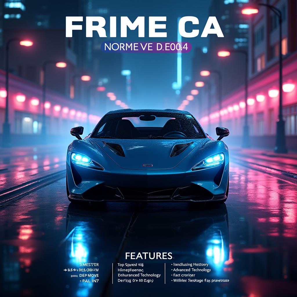 Create a poster featuring a sleek, modern sports car in a dynamic cityscape at night with neon lights, highlighting the car's model name and key features in bold typography