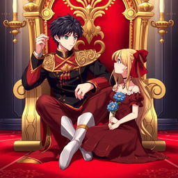 A young prince of 17 years old, with fair skin, black hair, and green eyes, sits on a majestic throne