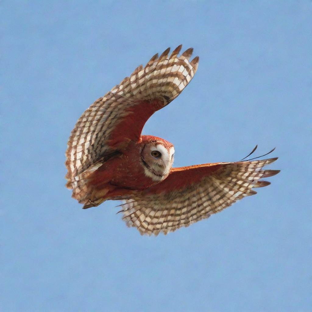 A red owl with its wings wide open, soaring the sky.