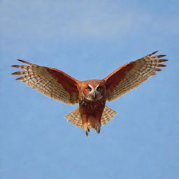 A red owl with its wings wide open, soaring the sky.