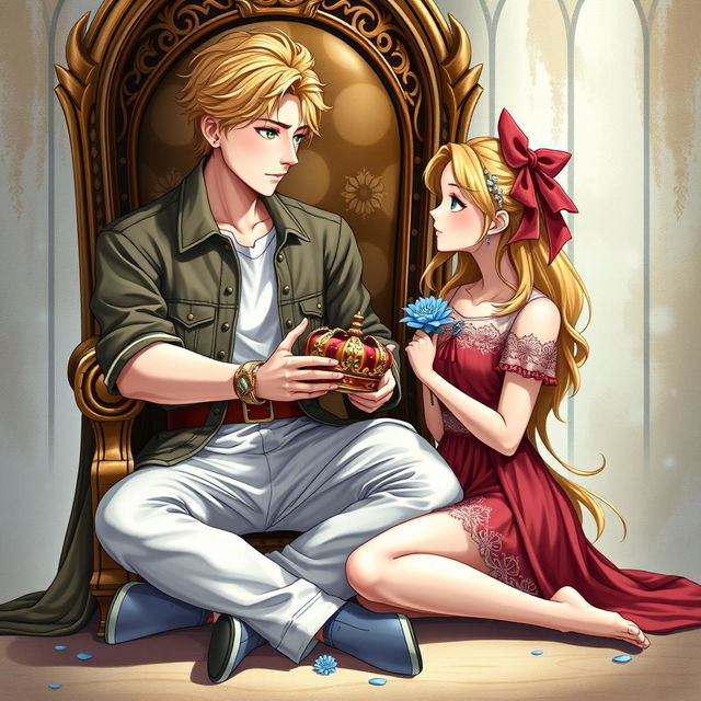 Create a detailed artwork for a book cover featuring a 17-year-old prince with fair skin, green eyes, and wearing beautiful casual clothes, sitting on a throne and holding a crown in his hands