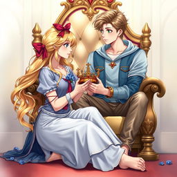 Create a detailed artwork for a book cover featuring a 17-year-old prince with fair skin, green eyes, and wearing beautiful casual clothes, sitting on a throne and holding a crown in his hands