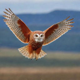 A red owl with its wings wide open, soaring the sky.