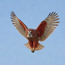 A red owl with its wings wide open, soaring the sky.