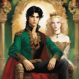 A delicate book cover art featuring a 17-year-old prince with black hair, fair skin, and green eyes sitting on a throne with his legs crossed, holding a prince's crown in one hand