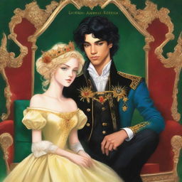 A delicate book cover art featuring a 17-year-old prince with black hair, fair skin, and green eyes sitting on a throne with his legs crossed, holding a prince's crown in one hand