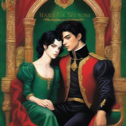 A delicate book cover art featuring a 17-year-old prince with black hair, fair skin, and green eyes sitting on a throne with his legs crossed, holding a prince's crown in one hand