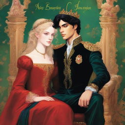 A delicate book cover art featuring a 17-year-old prince with black hair, fair skin, and green eyes sitting on a throne with his legs crossed, holding a prince's crown in one hand