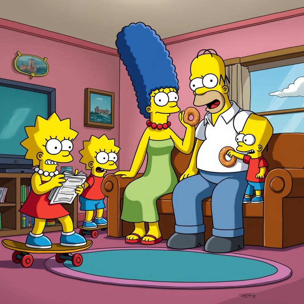 A typical day in Springfield with the Simpson family in their living room, featuring Homer, Marge, Bart, Lisa, and Maggie in a light-hearted and humorous scene