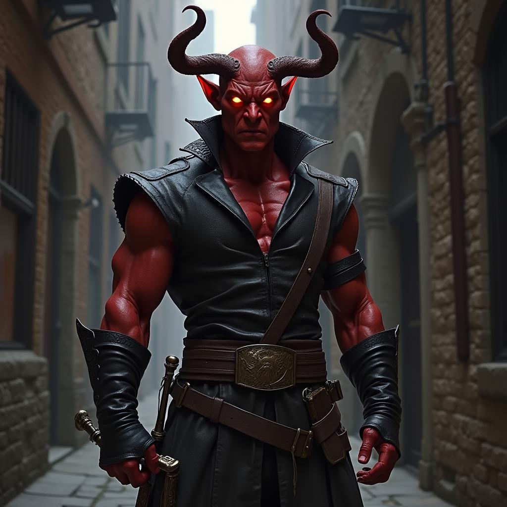 A male Tiefling in leather clothes with two daggers on his sides, standing in a dimly lit alleyway.