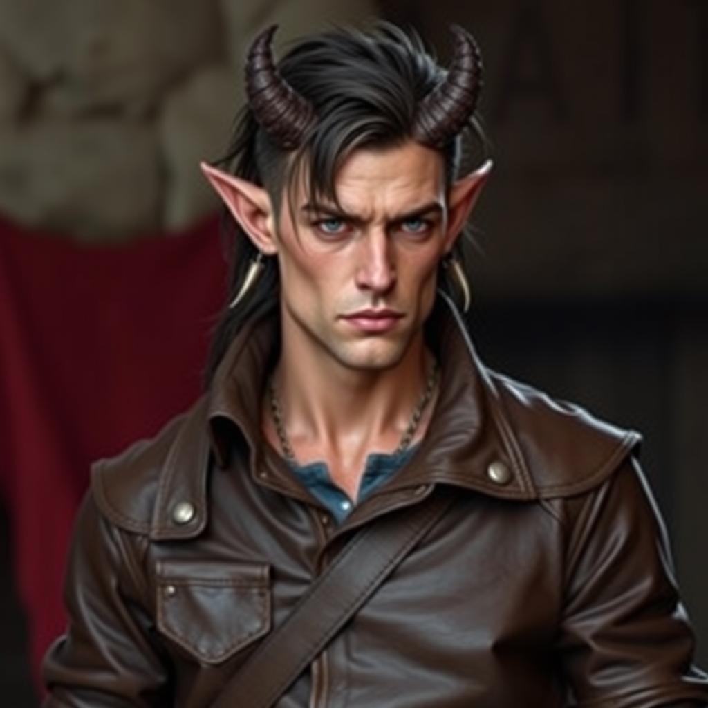 A male tiefling who looks mostly human, wearing leather clothes