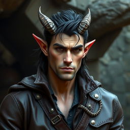 A male tiefling who looks mostly human, wearing leather clothes