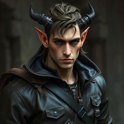 A male tiefling who looks mostly human, wearing leather clothes