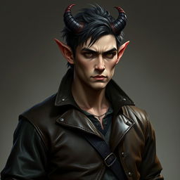 A male tiefling who looks mostly human, wearing leather clothes