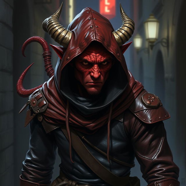 A red tiefling rogue, wearing a leather hood and leather clothes