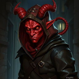 A red tiefling rogue, wearing a leather hood and leather clothes