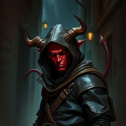 A red tiefling rogue, wearing a leather hood and leather clothes