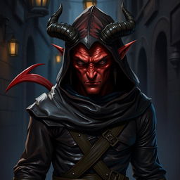 A red tiefling rogue, wearing a leather hood and leather clothes