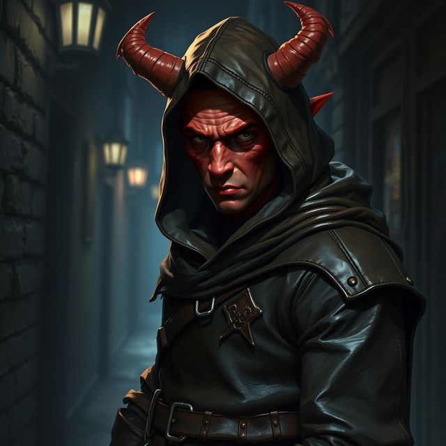 A red tiefling rogue, wearing a leather hood and leather clothes, with more human-like features