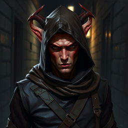 A red tiefling rogue, wearing a leather hood and leather clothes, with more human-like features