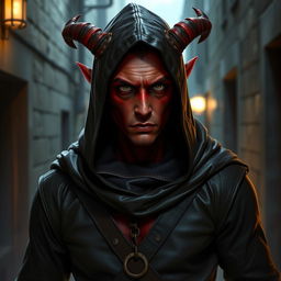 A red tiefling rogue, wearing a leather hood and leather clothes, with more human-like features