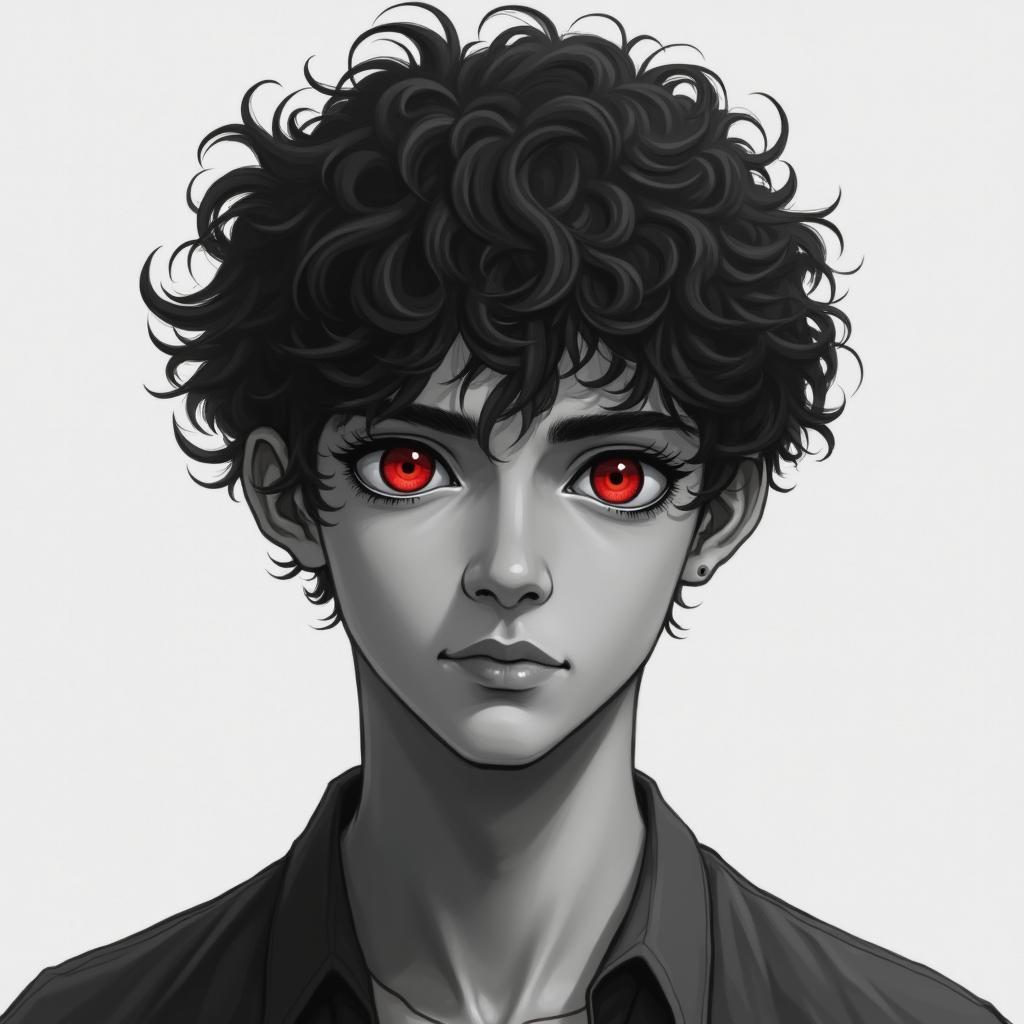 A black and white realistic image of a young man with short curly hair and one red eye, focusing on his face and upper torso with a minimalistic background