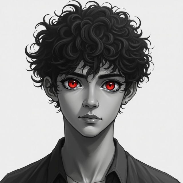 A black and white realistic image of a young man with short curly hair and one red eye, focusing on his face and upper torso with a minimalistic background