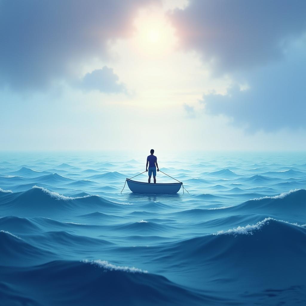 A serene ocean scene with a person confidently steering a boat through gentle waves, symbolizing the journey of navigating epilepsy