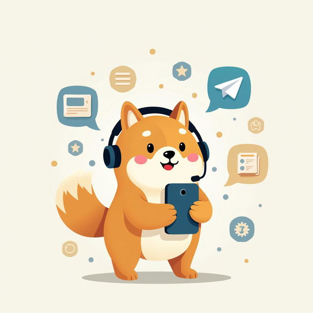 An image of a dog-themed Telegram bot featuring an adorable dog with a modern design and Telegram branding elements, surrounded by icons representing various functionalities