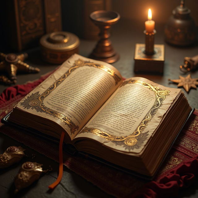 Depict a holy book resembling the Torah titled 'The Sacred Text of Kajol' with ornate decorations, gold embossing, and intricate designs in a serene and sacred environment