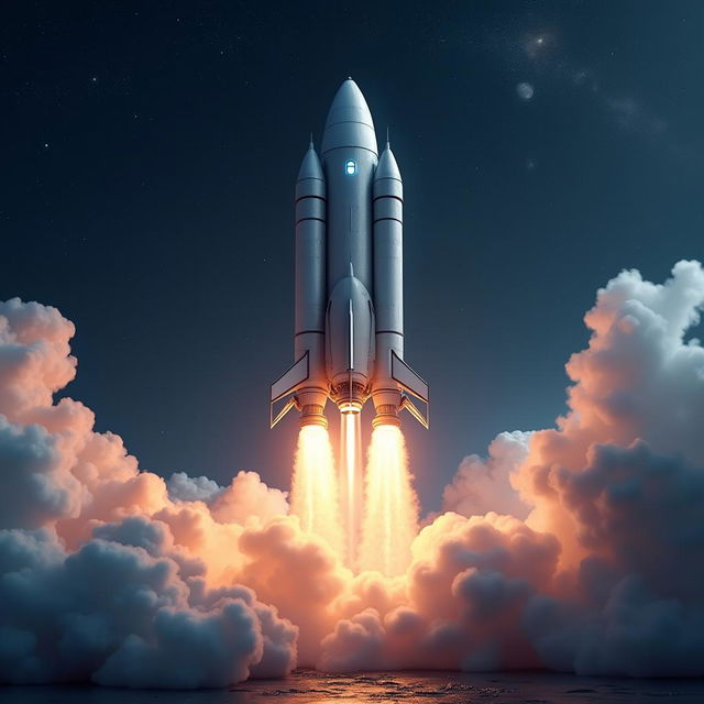 A detailed image of a futuristic rocket launching into space, with a metallic silver body and glowing blue thrusters, set against a starry night sky