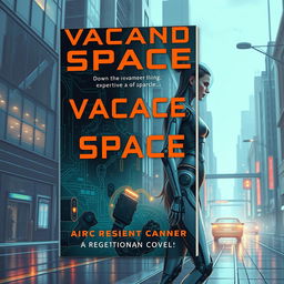 Create a book cover for a science fiction novel titled 'Vacant Space' about AI implants in organic enhanced human bodies