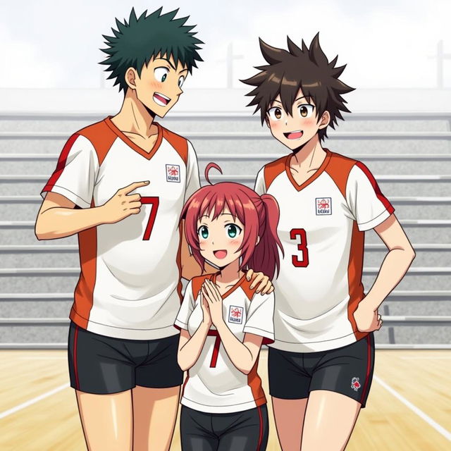 Tetsuro Kuroo and Koutaro Bokuto from Haikyuu!! with a girl in a volleyball court or school setting.