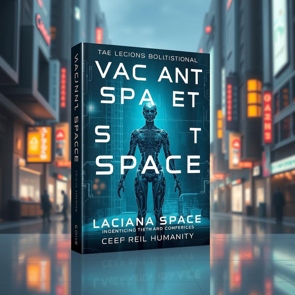 Design a book cover for a science fiction novel titled 'Vacant Space' about AI implants in grown organic human bodies and the loss of humanity