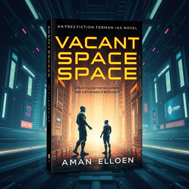 Design a book cover for a science fiction novel titled 'Vacant Space' about AI implants in grown organic human bodies and the loss of humanity