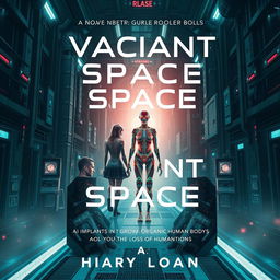 Design a book cover for a science fiction novel titled 'Vacant Space' about AI implants in grown organic human bodies and the loss of humanity