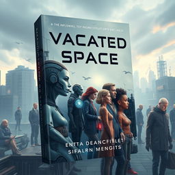 Design a book cover for a science fiction novel titled 'Vacant Space' about implants in grown organic human bodies and the loss of humanity