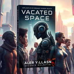 Design a book cover for a science fiction novel titled 'Vacant Space' about implants in grown organic human bodies and the loss of humanity