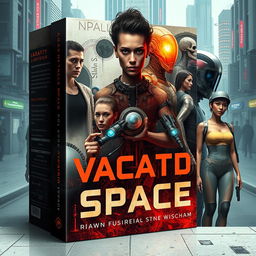 Design a book cover for a science fiction novel titled 'Vacant Space' about implants in grown organic human bodies and the loss of humanity