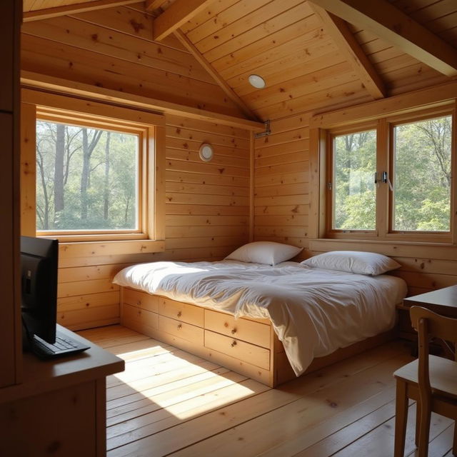 A charming wooden house with two transparent windows, a small bed, and a TV inside