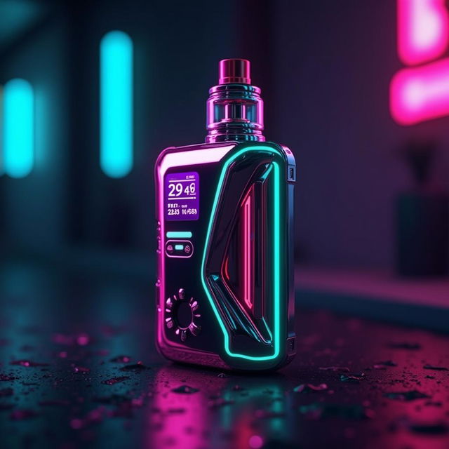 Design a sleek, modern vape device with a neon aesthetic, featuring a metallic finish, vibrant neon accents, and an LED screen