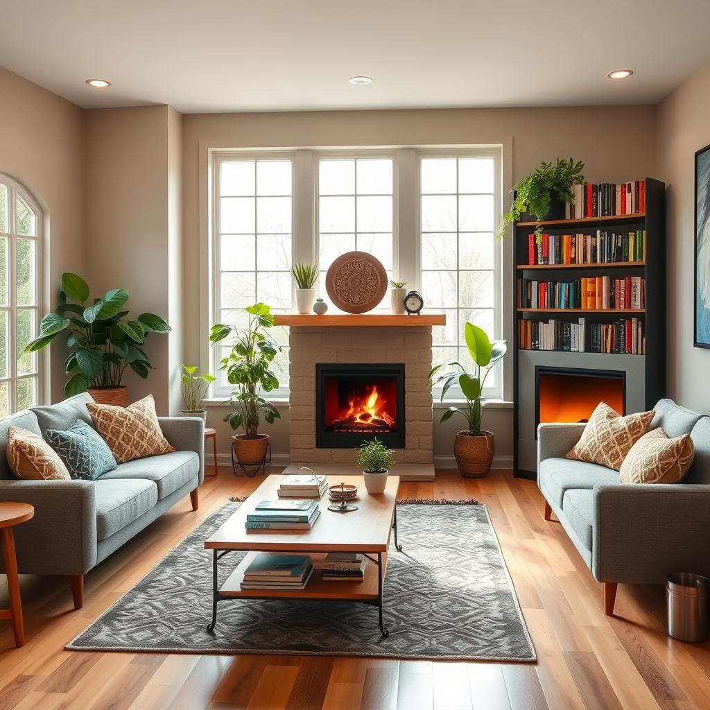 A cozy indoor living room scene with a comfortable sofa, a coffee table, a bookshelf filled with books, and a warm fireplace