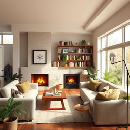 A cozy indoor living room scene with a comfortable sofa, a coffee table, a bookshelf filled with books, and a warm fireplace