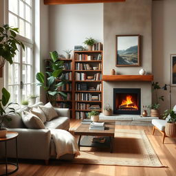 A cozy indoor living room scene with a comfortable sofa, a coffee table, a bookshelf filled with books, and a warm fireplace