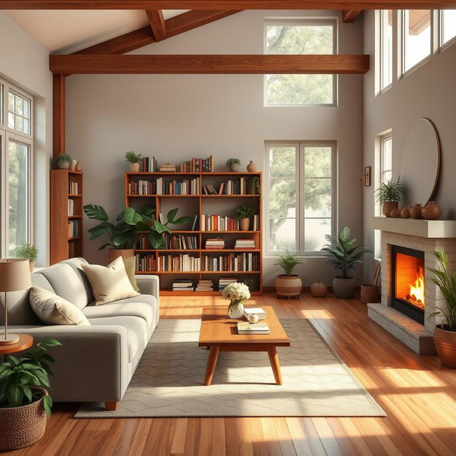 A cozy indoor living room scene with a comfortable sofa, a coffee table, a bookshelf filled with books, and a warm fireplace