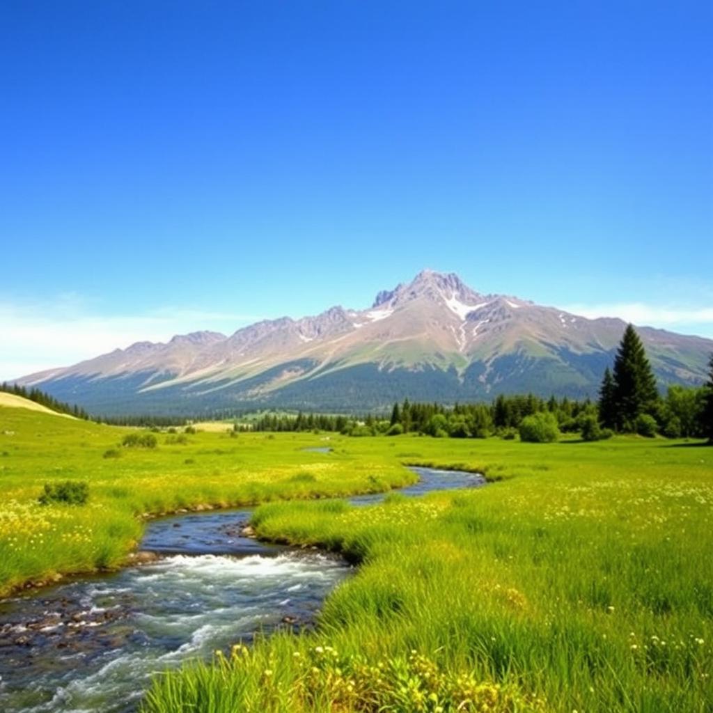 A serene landscape featuring a clear blue sky, a sparkling river flowing through a lush green meadow, and a majestic mountain range in the background