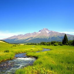 A serene landscape featuring a clear blue sky, a sparkling river flowing through a lush green meadow, and a majestic mountain range in the background